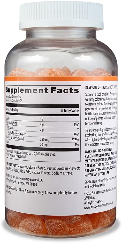 Amazon Basics Vitamin C 250 mg Gummy, Orange, 150 Gummies (2 per Serving), Immune Health (Previously Solimo) - Premium  from Concordia Style Boutique - Just $15.92! Shop now at Concordia Style Boutique