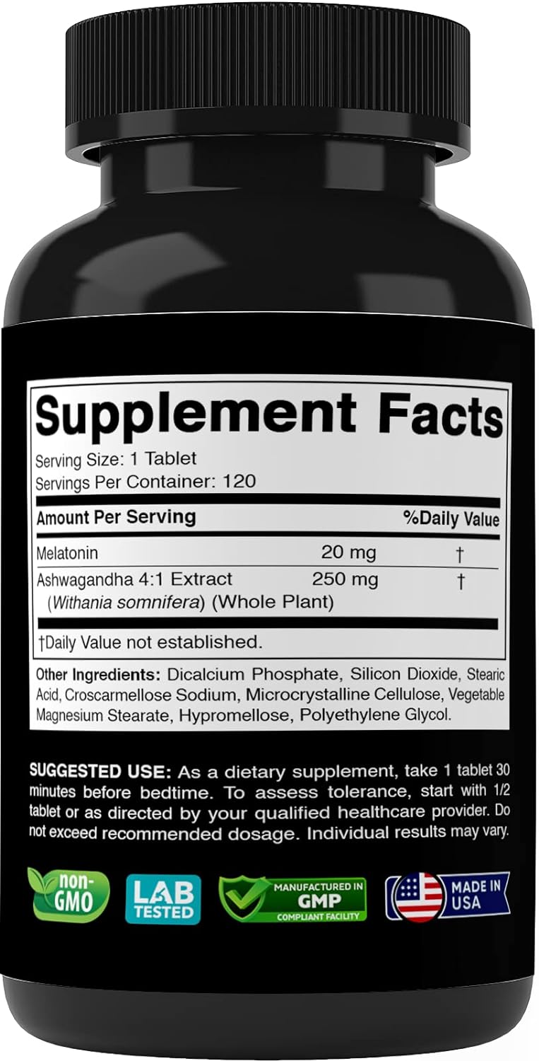 Vitabod Melatonin 20mg with Ashwagandha 4:1 Extract 250mg, Calm Mood & Antioxidant Action, 120 Tablets - Premium Melatonin from Concordia Style Boutique - Just $13.71! Shop now at Concordia Style Boutique