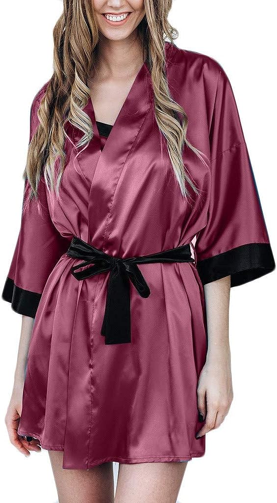 Pajamas Women Casual Black Simulation Silk Satin Kimono Robe Lace Bandage Bathrobe Lingerie Sleepwear Pajamas - Premium Kimono from Psunrise - Just $9.05! Shop now at Concordia Style Boutique