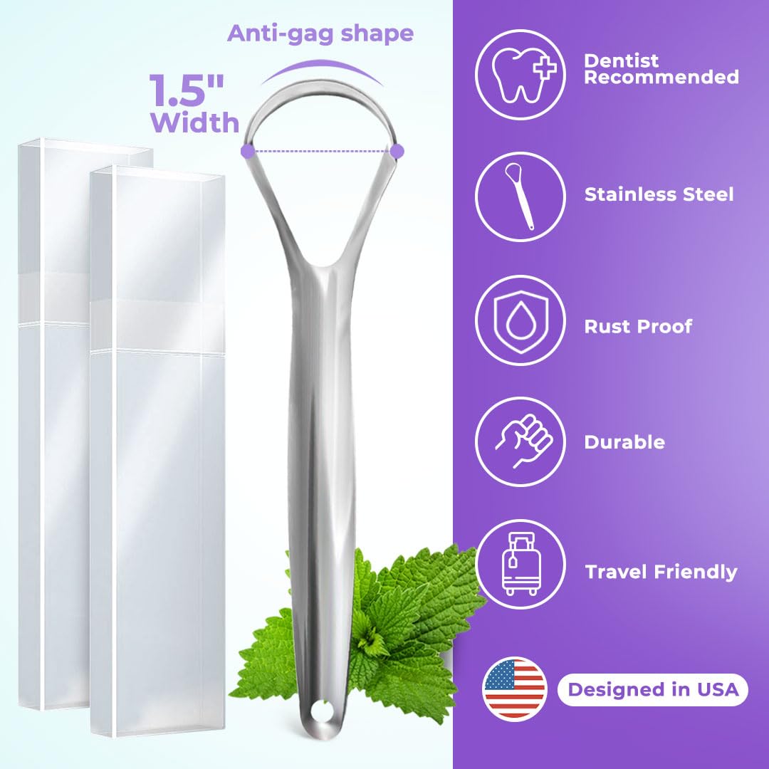 Tongue Scraper for Adults (2 Pack), Reduce Bad Breath (Travel Cases Included), Stainless Steel Tongue Cleaners, 100% Metal Tongue Scraper with Case Fresh Breath Tongue Cleaner Oral - Premium Tongue Cleaners from Concordia Style Boutique - Just $16.09! Shop now at Concordia Style Boutique