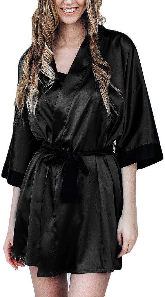 Pajamas Women Casual Black Simulation Silk Satin Kimono Robe Lace Bandage Bathrobe Lingerie Sleepwear Pajamas - Premium Kimono from Psunrise - Just $9.05! Shop now at Concordia Style Boutique