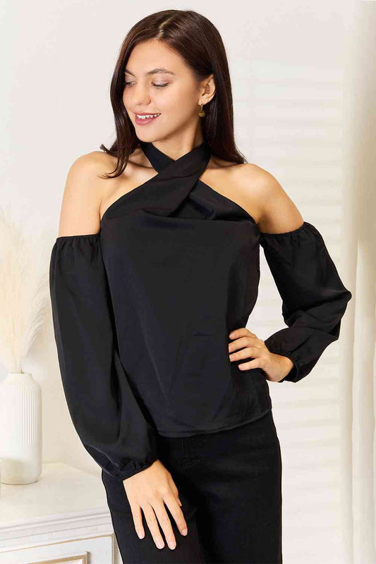 Double Take Grecian Cold Shoulder Long Sleeve Blouse - Premium Double Take Grecian Cold Shoulder Long Sleeve Blouse from Concordia Style Boutique - Just $26.32! Shop now at Concordia Style Boutique