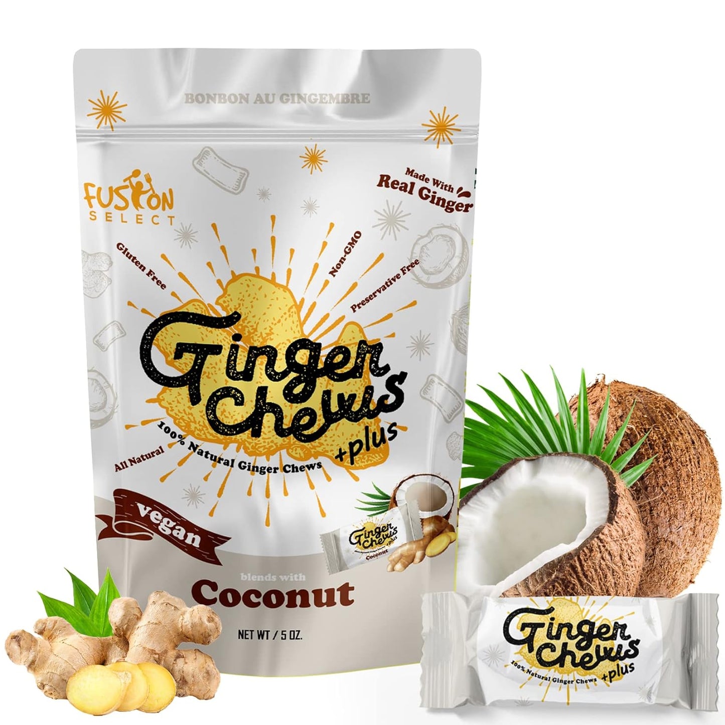 Fusion Select Original Ginger Chews - Sweet Soft Candied Delights From Indonesia - Promotes Relief From Morning Sickness, Upset Stomach - Made from Real Ginger Root, Non-GMO, Vegan Candy - Premium Ginger from Concordia Style Boutique - Just $13.98! Shop now at Concordia Style Boutique