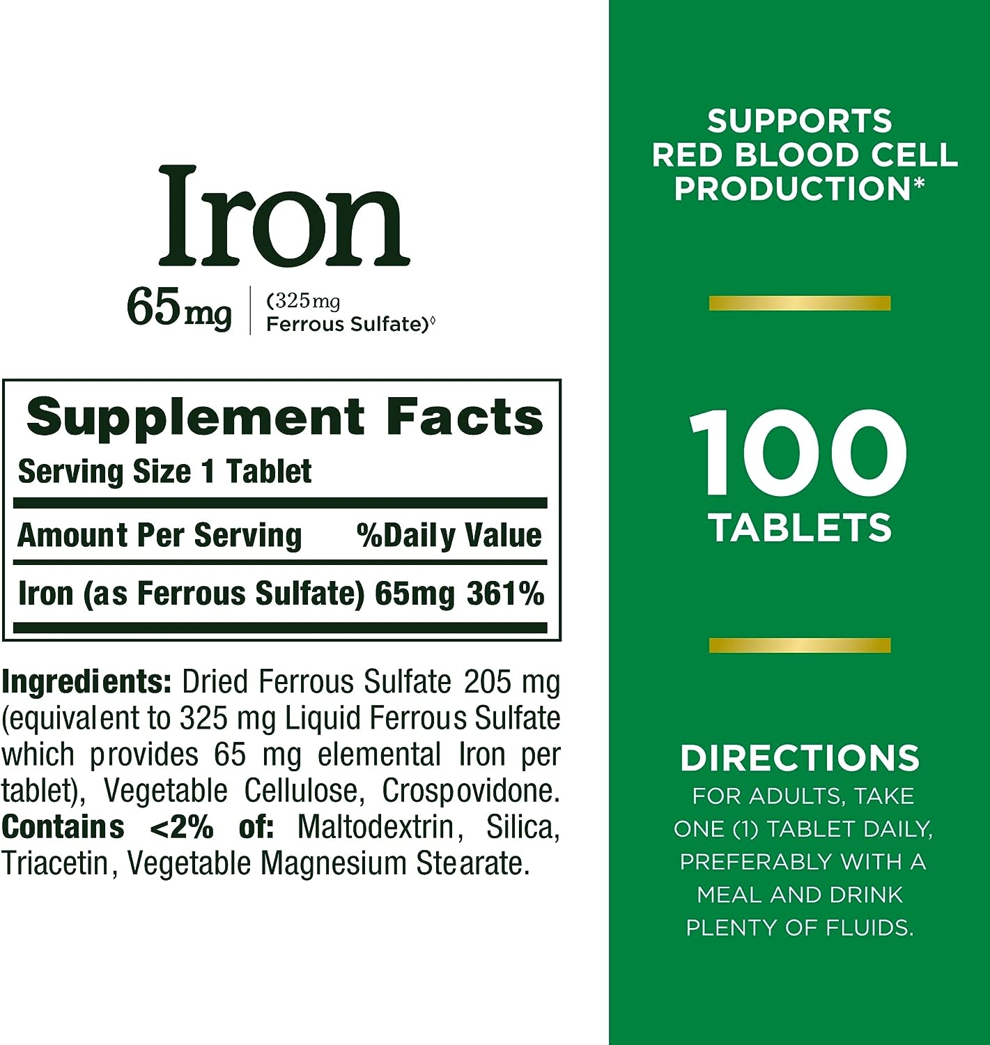 Nature's Bounty Iron 65mg, 325 mg Ferrous Sulfate, Cellular Energy Support, Promotes Normal Red Blood Cell Production, 100 Tablets - Premium Iron from Concordia Style Boutique - Just $13.78! Shop now at Concordia Style Boutique