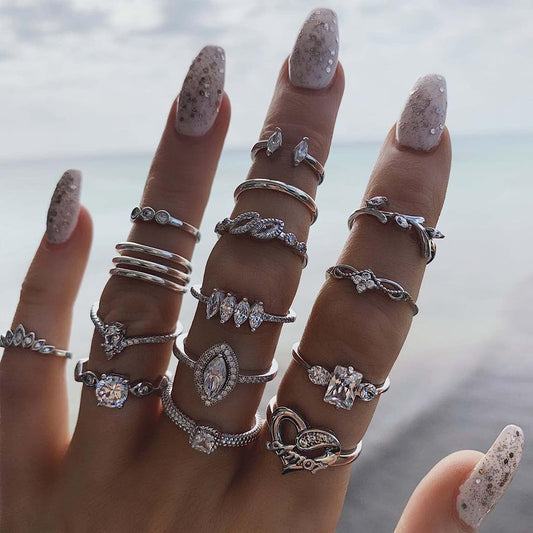 15 Pcs/Set Rhinestone Finger Rings, Individuality Creative Alloy Different Patterns Rhinestone Rings for Women Silver 1.7cm/0.67" - Premium rings from Concordia Style Boutique - Just $3.61! Shop now at Concordia Style Boutique