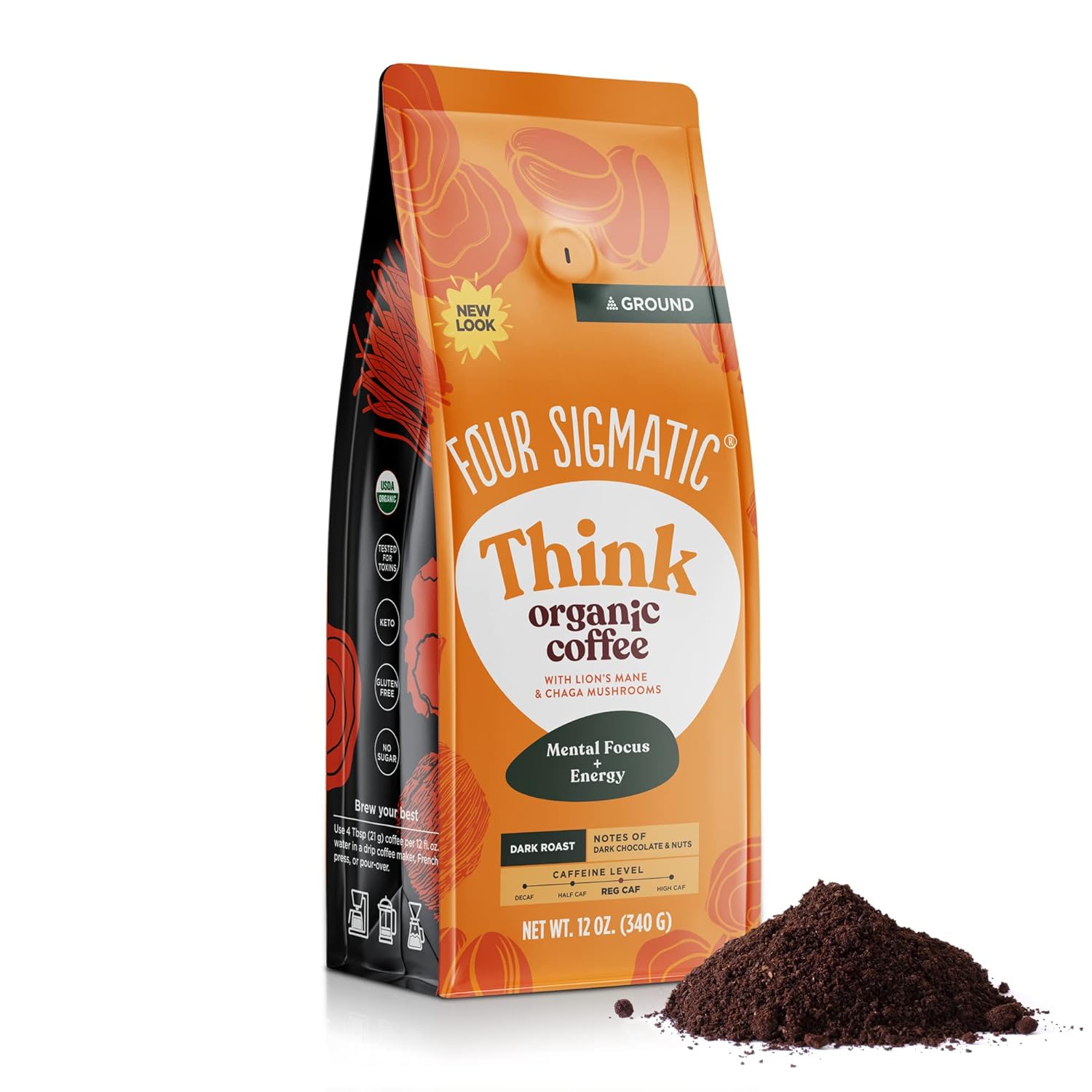 Organic Mushroom Ground Coffee by Four Sigmatic | Dark Roast, Fair Trade Gourmet Coffee with Lion's Mane, Chaga & Mushroom Powder | Immune Boosting Coffee for Focus & Immune Support | 12oz Bag - Premium coffee from Concordia Style Boutique - Just $22.62! Shop now at Concordia Style Boutique