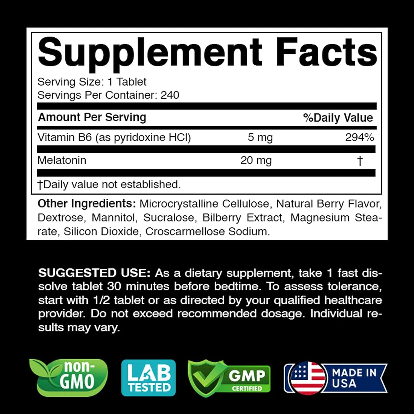 Vitabod Melatonin 20mg - 240 Fast Dissolve Tablets - Drug Free - Natural Berry Flavor - Vegetarian, Non-GMO, Gluten Free - Premium  from Concordia Style Boutique - Just $13.71! Shop now at Concordia Style Boutique