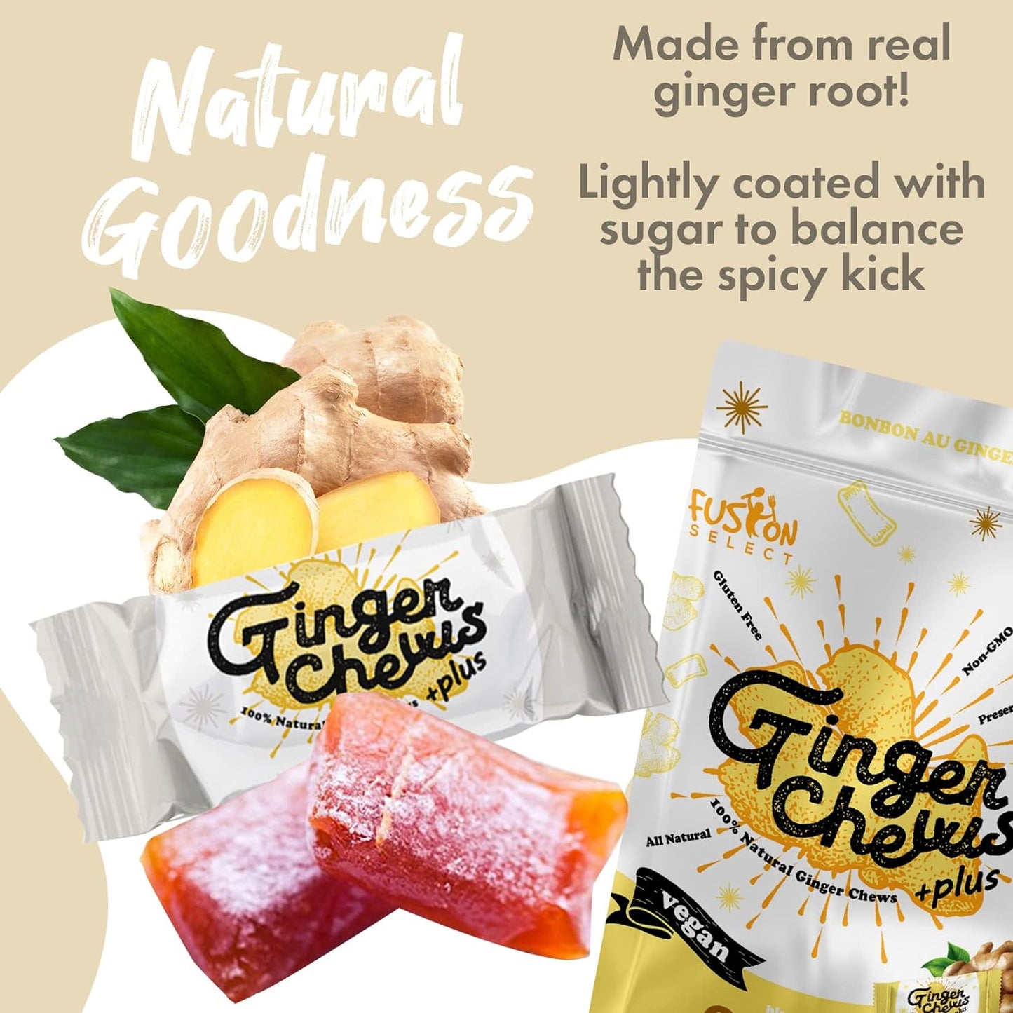 Fusion Select Original Ginger Chews - Sweet Soft Candied Delights From Indonesia - Promotes Relief From Morning Sickness, Upset Stomach - Made from Real Ginger Root, Non-GMO, Vegan Candy - Premium Ginger from Concordia Style Boutique - Just $13.98! Shop now at Concordia Style Boutique