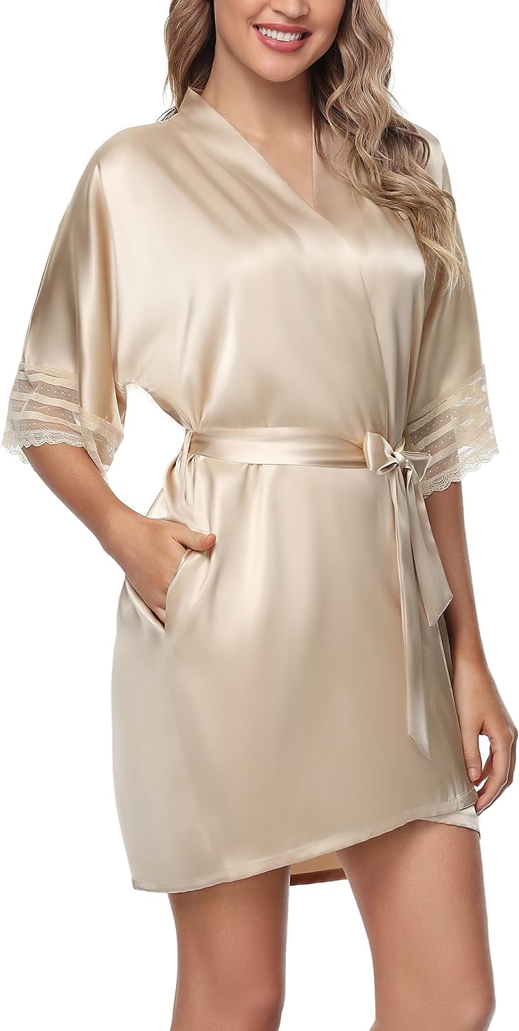 The Bund Women's Satin Robes Bride Bridesmaid Lace Short Silk Wedding Party Lightweight Bathrobe Soft Sleepwear S-XXXL - Premium Satin Robe from Concordia Style Boutique - Just $9.32! Shop now at Concordia Style Boutique