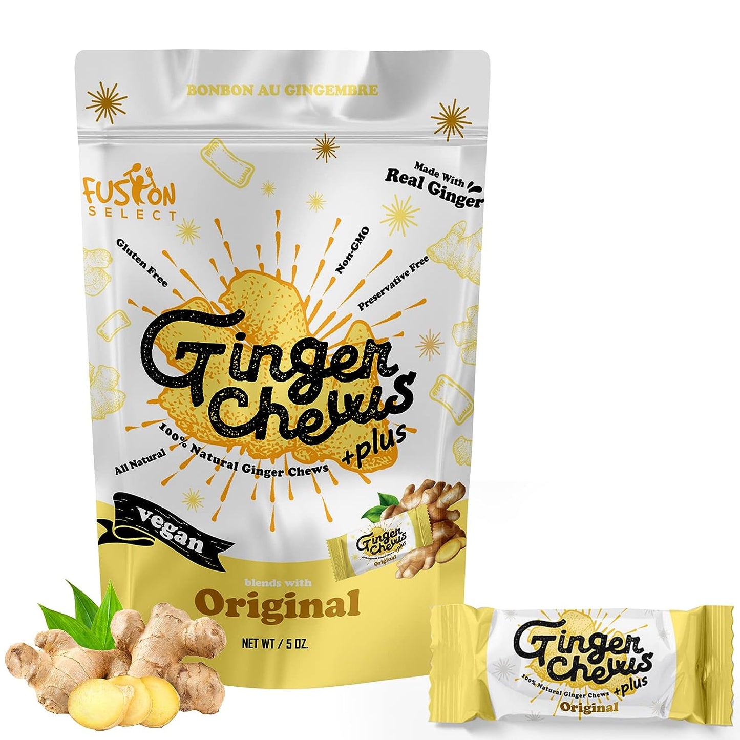 Fusion Select Original Ginger Chews - Sweet Soft Candied Delights From Indonesia - Promotes Relief From Morning Sickness, Upset Stomach - Made from Real Ginger Root, Non-GMO, Vegan Candy - Premium Ginger from Concordia Style Boutique - Just $13.98! Shop now at Concordia Style Boutique