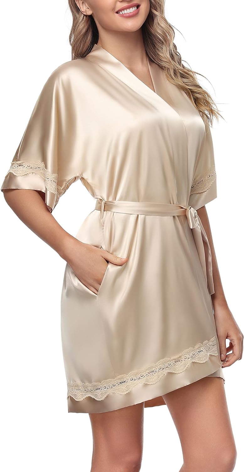 The Bund Women's Satin Robes Bride Bridesmaid Lace Short Silk Wedding Party Lightweight Bathrobe Soft Sleepwear S-XXXL - Premium Westlake from Concordia Style Boutique - Just $9.32! Shop now at Concordia Style Boutique