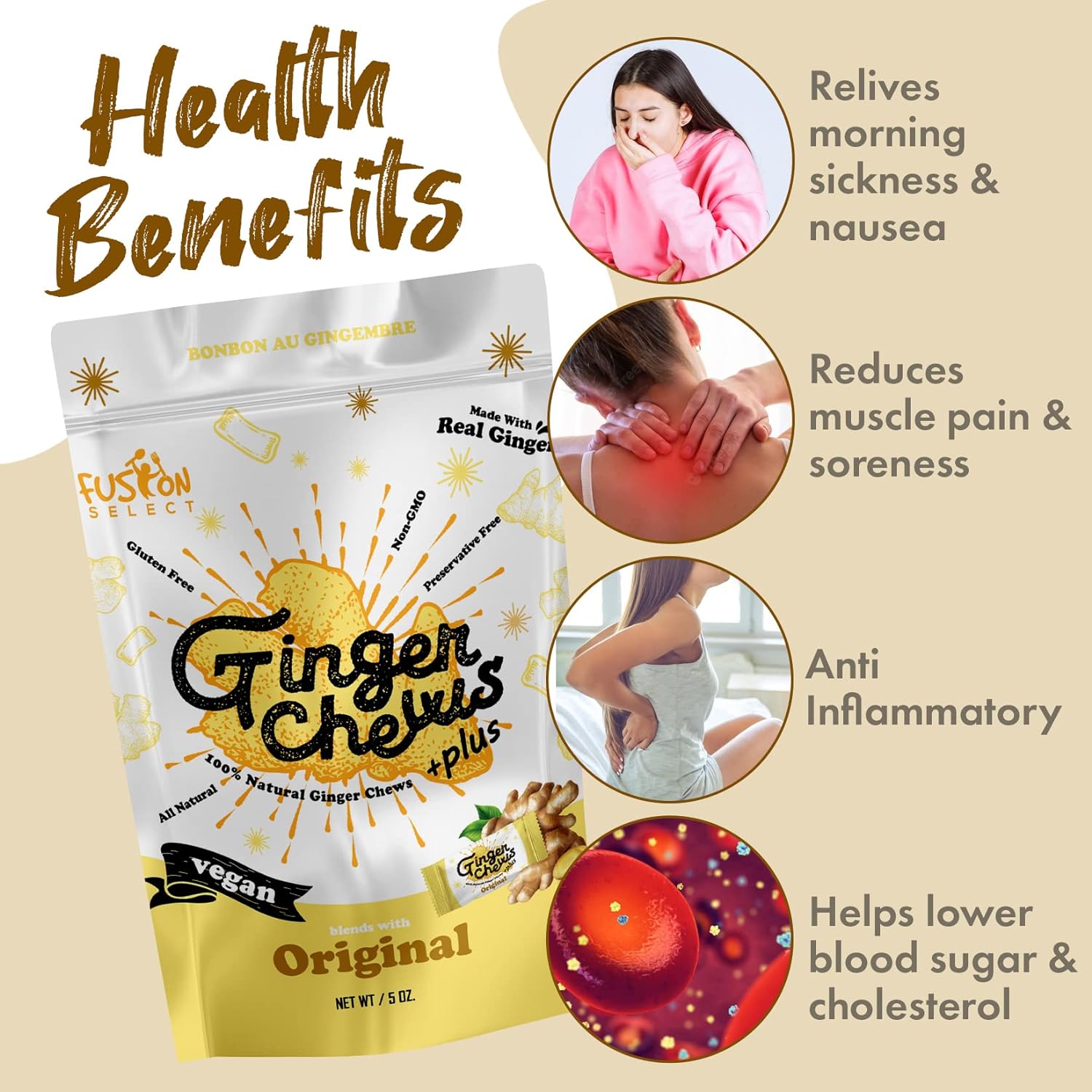 Fusion Select Original Ginger Chews - Sweet Soft Candied Delights From Indonesia - Promotes Relief From Morning Sickness, Upset Stomach - Made from Real Ginger Root, Non-GMO, Vegan Candy - Premium Ginger from Concordia Style Boutique - Just $13.98! Shop now at Concordia Style Boutique