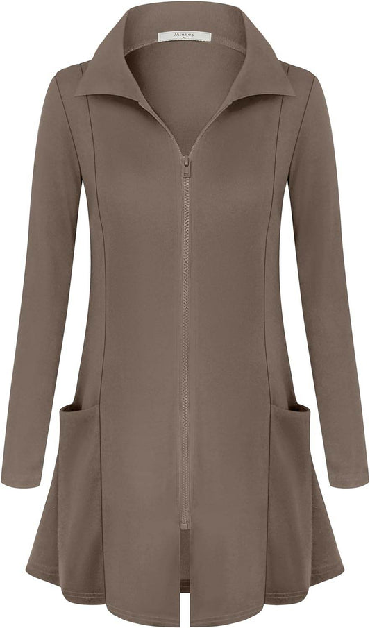 Miusey Womens Zip Up Tunic Sweatshirt Collar Neck Lightweight Long Jacket Cardigans - Concordia Style Boutique
