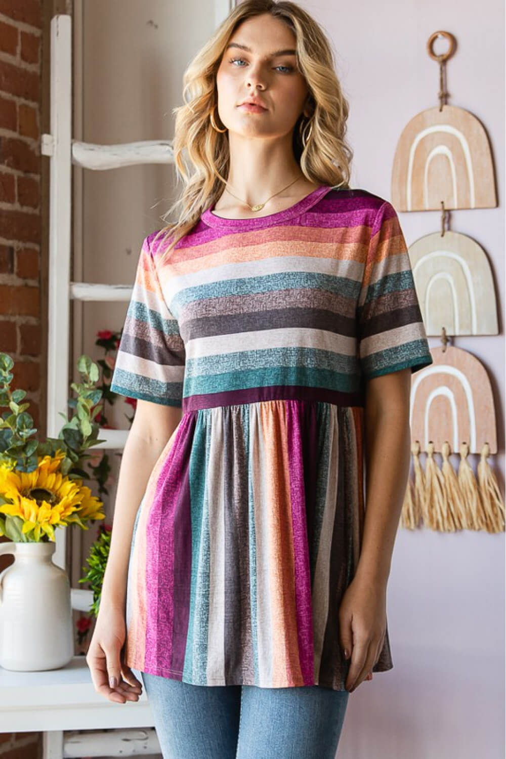 Heimish Full Size Striped Round Neck Babydoll Tee in Fuchsia Multi - Premium clothing from Trendsi - Just $14.18! Shop now at Concordia Style Boutique