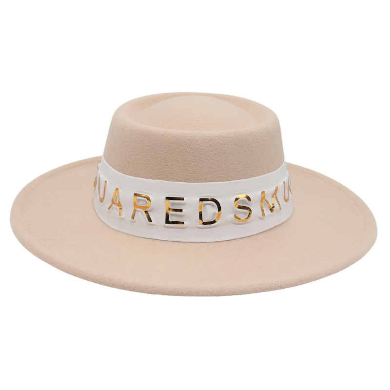 French Hepburn Style Top Hat Big Brim Golden Letter White Ribbon Concave Shape Model Photography Elegant Hat