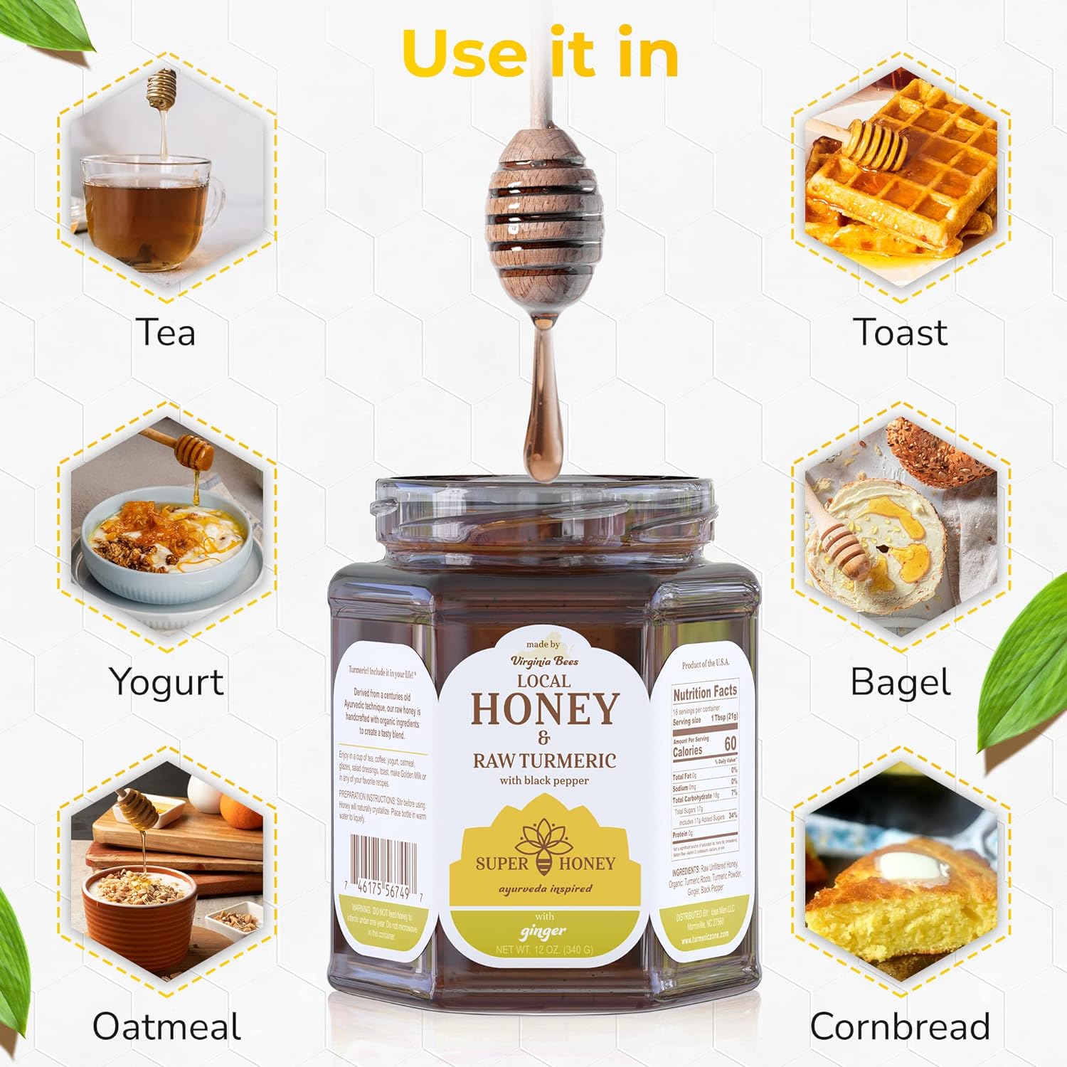 Super Honey - Virginia Honey - Turmeric Honey with Ginger and Black Pepper - Honey for Tea - Ayurveda Inspired Pure Raw Honey - 12oz. Jar - Premium Honey from Concordia Style Boutique - Just $43.67! Shop now at Concordia Style Boutique