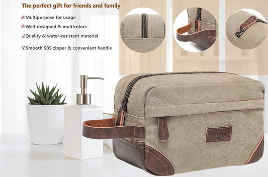 Toiletry Bag for Men, Leather and Canvas Travel Toiletry Bag Dopp Kit Shaving Bag for Travel Accessories (Light Grey) - Premium Toiletry Bag from Concordia Style Boutique - Just $25.84! Shop now at Concordia Style Boutique