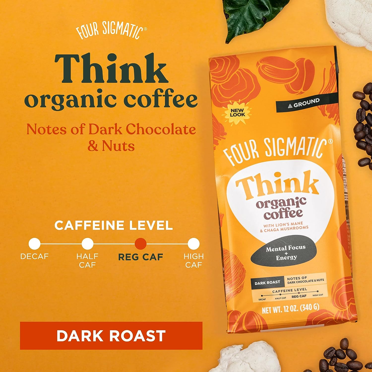 Organic Mushroom Ground Coffee by Four Sigmatic | Dark Roast, Fair Trade Gourmet Coffee with Lion's Mane, Chaga & Mushroom Powder | Immune Boosting Coffee for Focus & Immune Support | 12oz Bag - Premium coffee from Concordia Style Boutique - Just $22.62! Shop now at Concordia Style Boutique