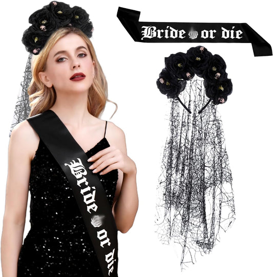 Bride or Die Sash Gothic Rose Flower Headband Goth Bachelorette Decoration Bride or Die Bachelorette Party Supplies Gothic Bridal Shower Decoration - Premium Sashes from Concordia Style Boutique - Just $36.87! Shop now at Concordia Style Boutique