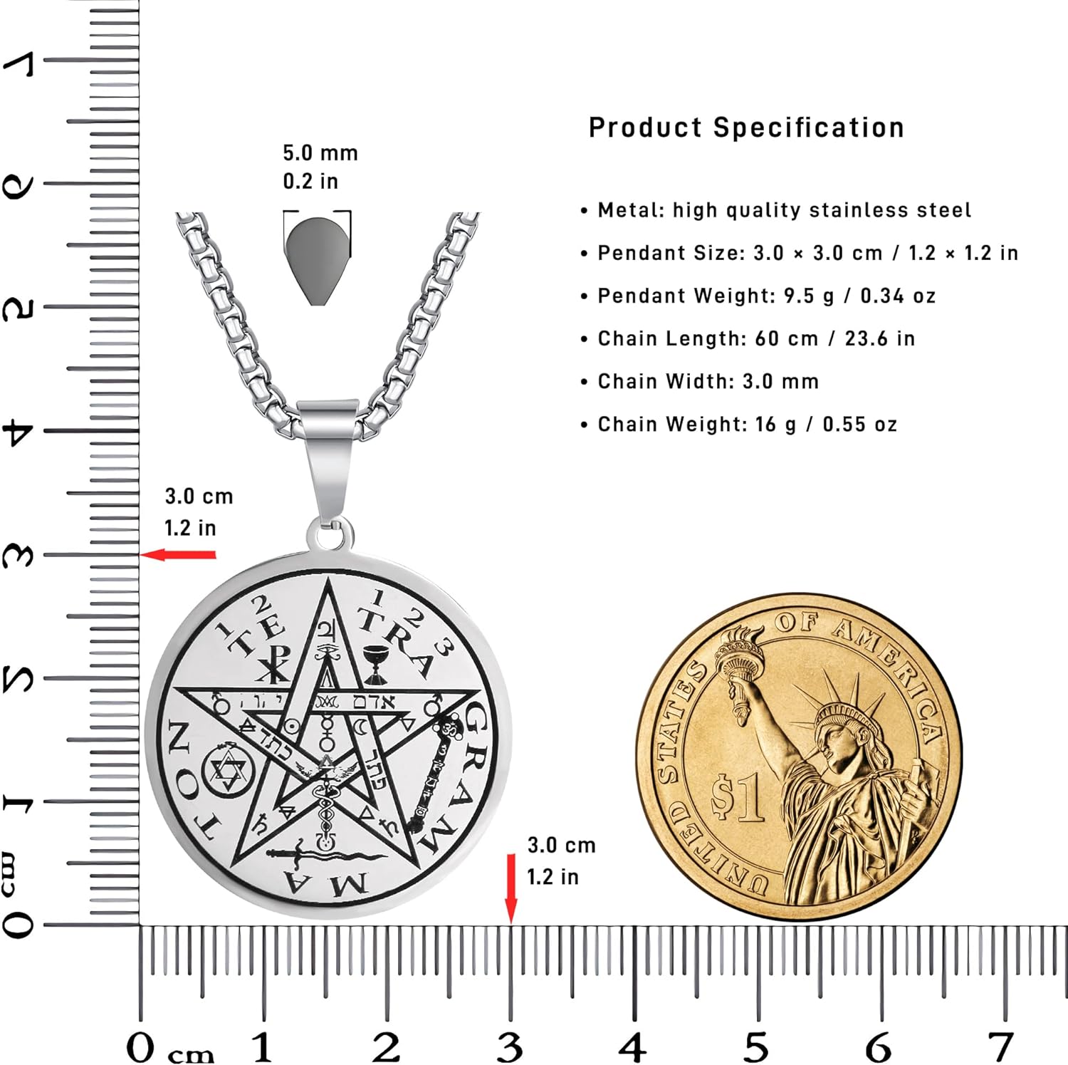 Tetragrammaton Pentacle Necklace for Men Pentagram Protection Amulet Wicca Jewelry, Five-pointed Star, Magical,The Ancient Power Name of God Stainless Steel 24 inches - Concordia Style Boutique