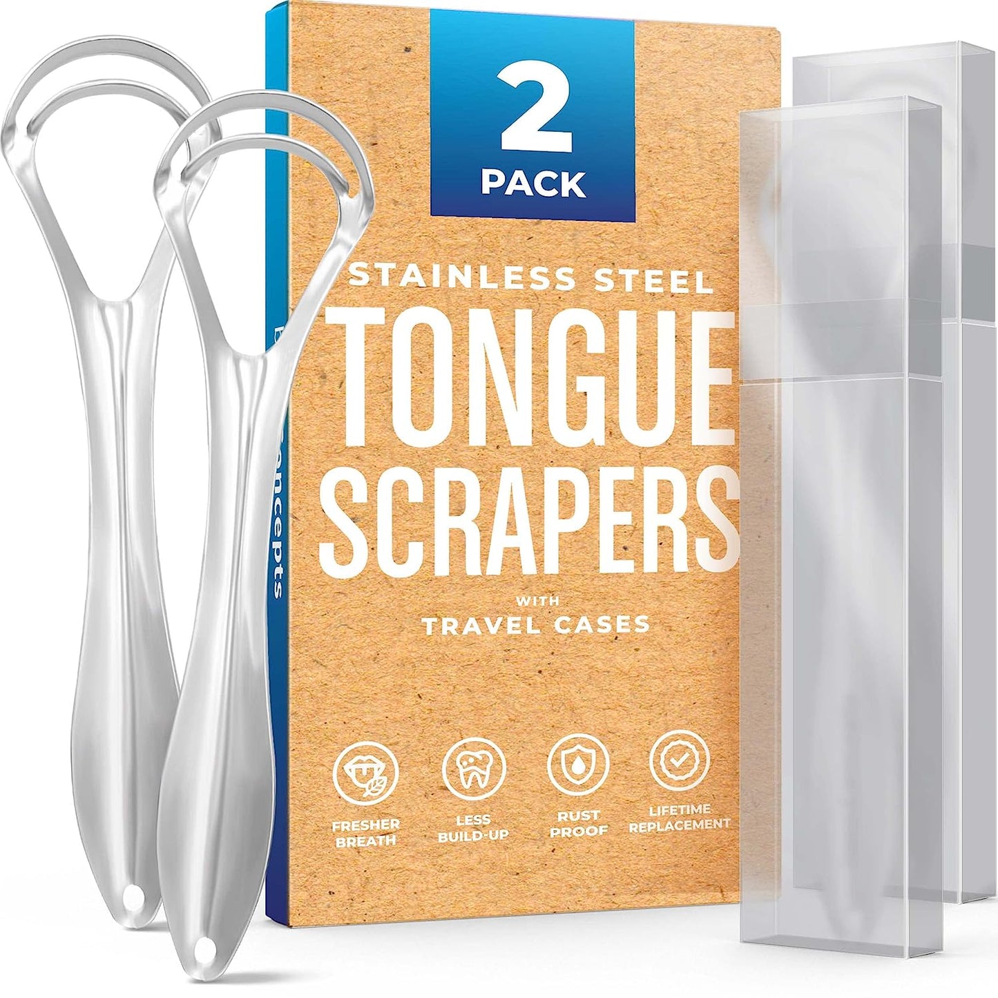 Tongue Scraper for Adults (2 Pack), Reduce Bad Breath (Travel Cases Included), Stainless Steel Tongue Cleaners, 100% Metal Tongue Scraper with Case Fresh Breath Tongue Cleaner Oral - Premium Tongue Cleaners from Concordia Style Boutique - Just $12.67! Shop now at Concordia Style Boutique