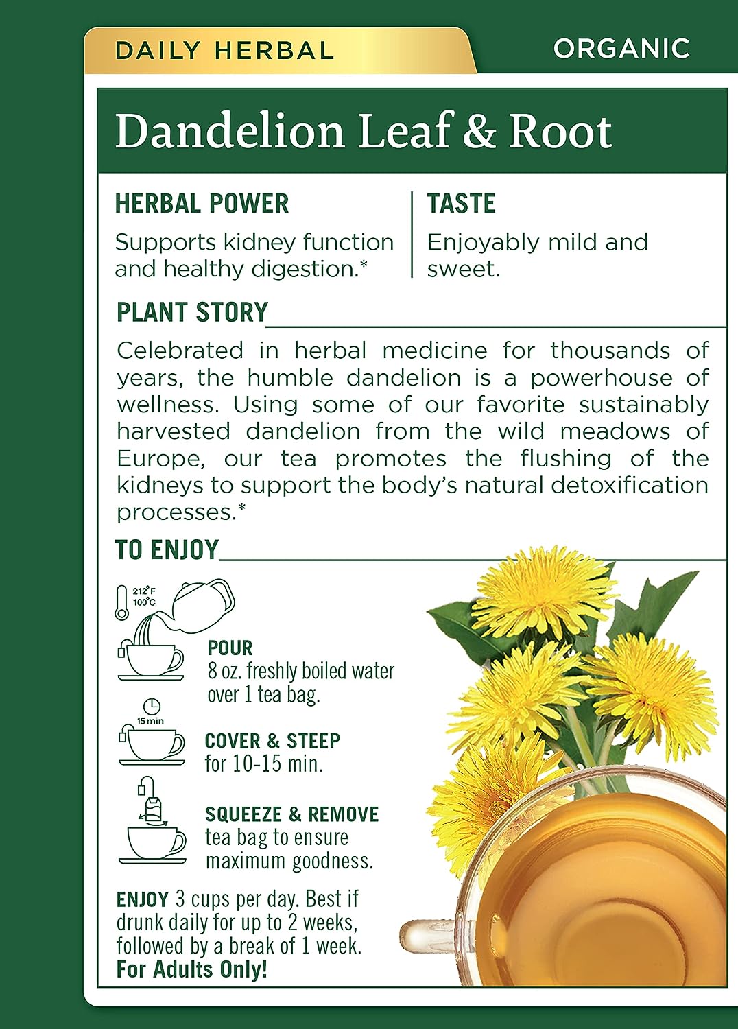 Traditional Medicinals Tea, Organic Dandelion Leaf & Root, Supports Kidney Function & Healthy Digestion, 16 Tea Bags - Premium tea from Concordia Style Boutique - Just $4.88! Shop now at Concordia Style Boutique