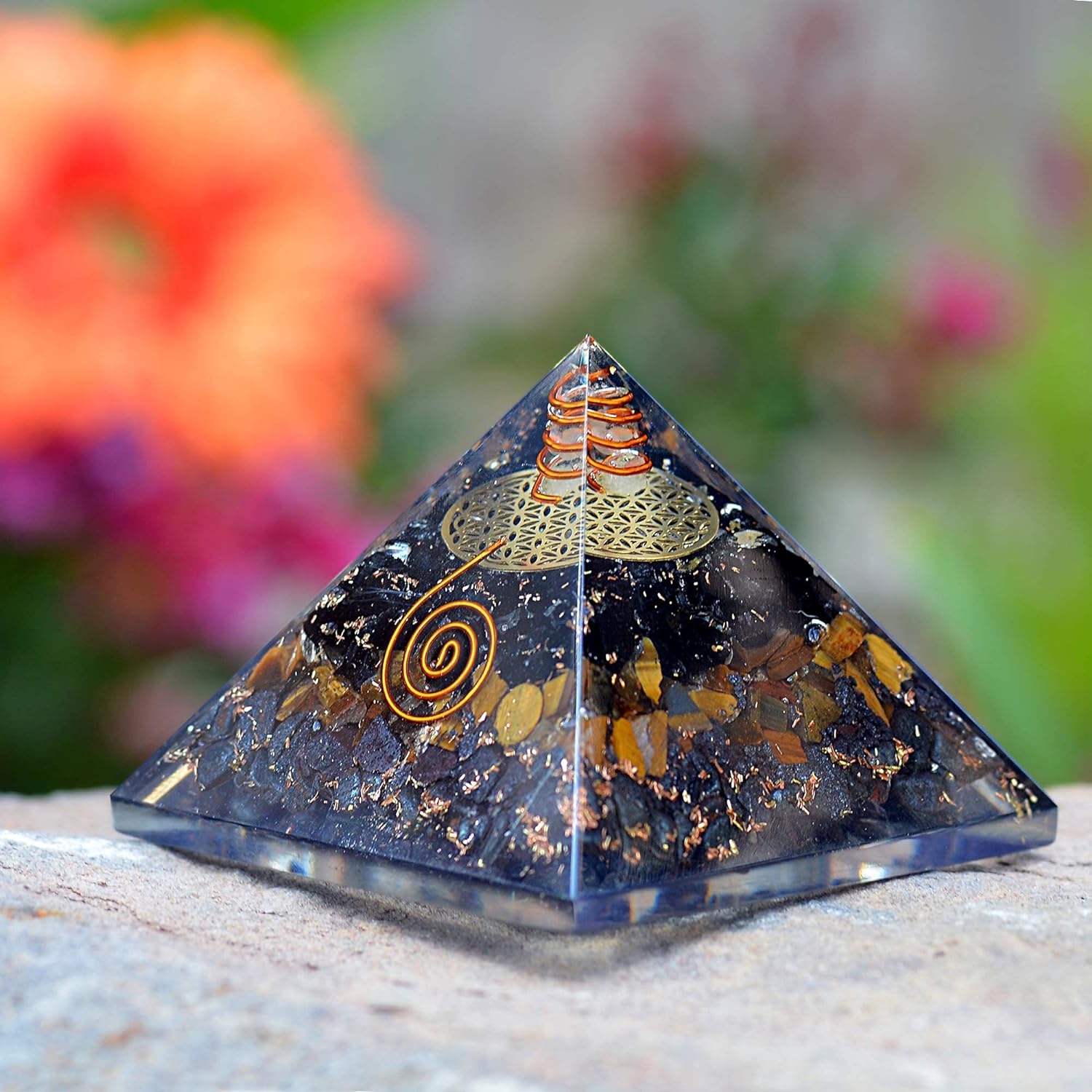 Orgonite Crystal Triple Protection Orgone Pyramid with Black Tourmaline, Tiger Eye and Hematite Crystals – Flower of Life Pyramid Dispels Negative Energy to Promote Luck and Prosperity - Premium Orgone Pyramid from Concordia Style Boutique - Just $34.28! Shop now at Concordia Style Boutique