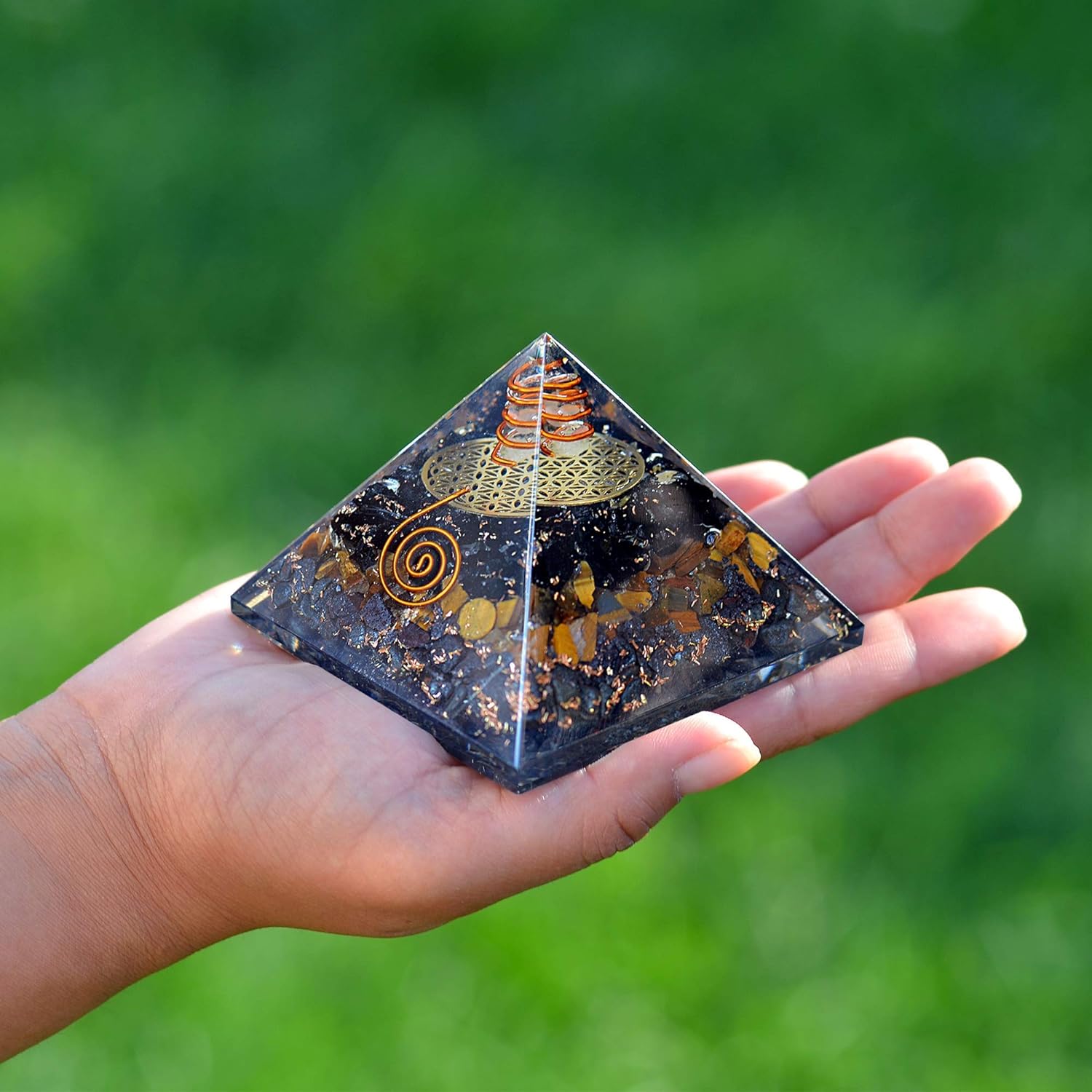 Orgonite Crystal Triple Protection Orgone Pyramid with Black Tourmaline, Tiger Eye and Hematite Crystals – Flower of Life Pyramid Dispels Negative Energy to Promote Luck and Prosperity - Premium Orgone Pyramid from Concordia Style Boutique - Just $34.28! Shop now at Concordia Style Boutique