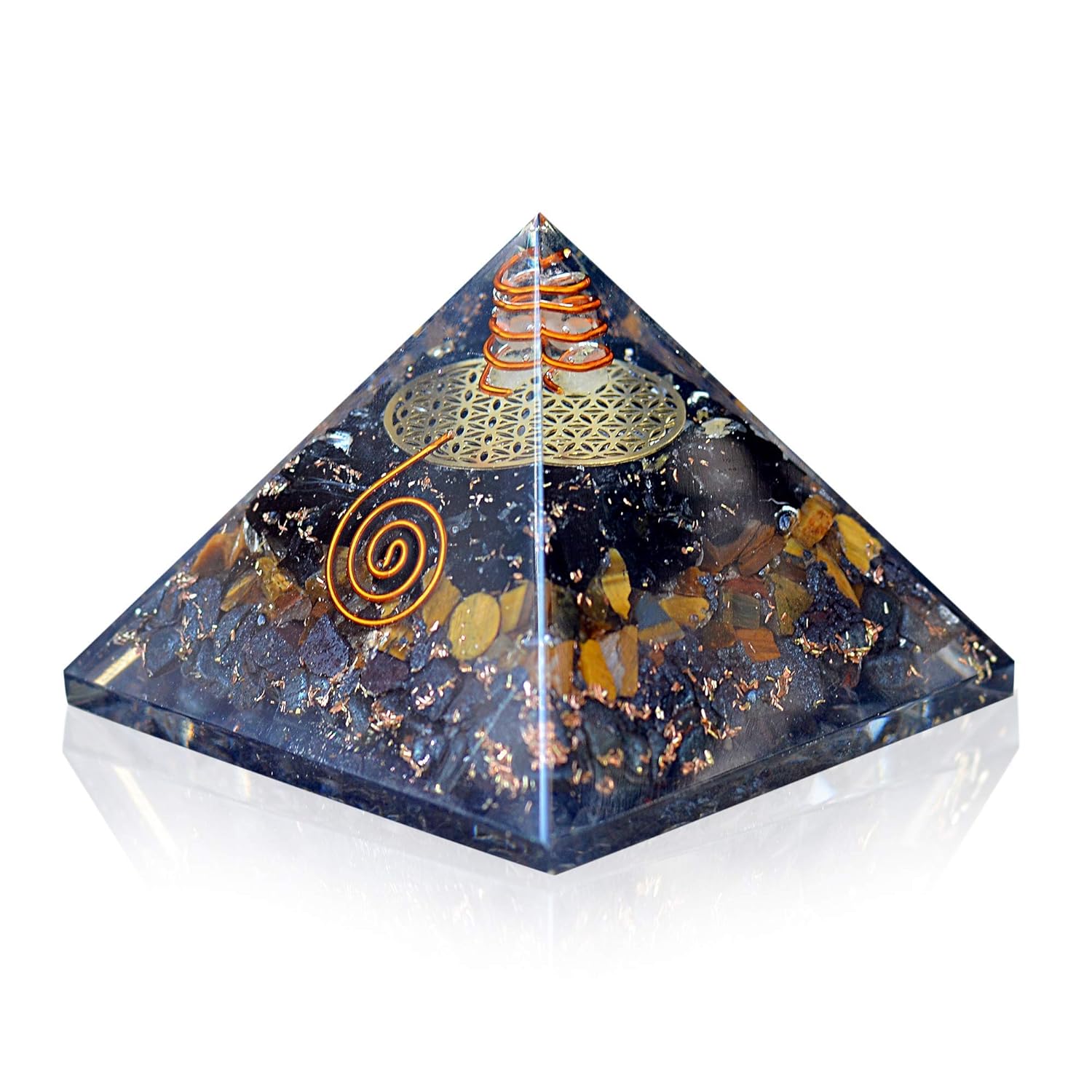 Orgonite Crystal Triple Protection Orgone Pyramid with Black Tourmaline, Tiger Eye and Hematite Crystals – Flower of Life Pyramid Dispels Negative Energy to Promote Luck and Prosperity - Premium Orgone Pyramid from Concordia Style Boutique - Just $34.28! Shop now at Concordia Style Boutique