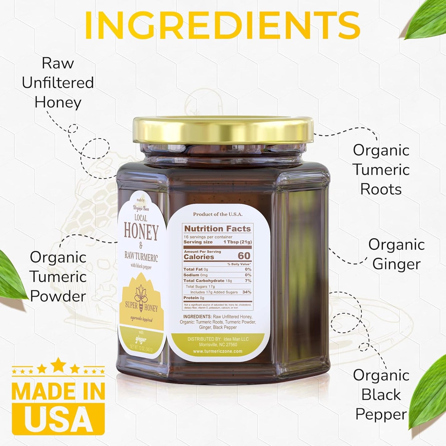 Super Honey - Virginia Honey - Turmeric Honey with Ginger and Black Pepper - Honey for Tea - Ayurveda Inspired Pure Raw Honey - 12oz. Jar - Premium Honey from Concordia Style Boutique - Just $43.67! Shop now at Concordia Style Boutique