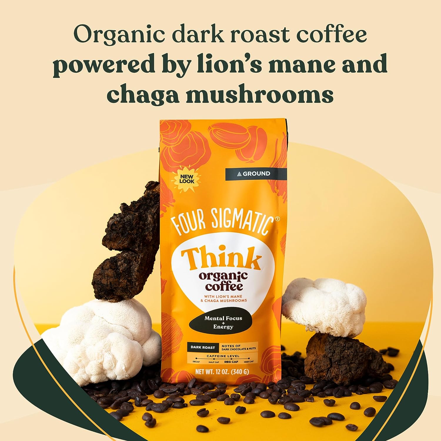 Organic Mushroom Ground Coffee by Four Sigmatic | Dark Roast, Fair Trade Gourmet Coffee with Lion's Mane, Chaga & Mushroom Powder | Immune Boosting Coffee for Focus & Immune Support | 12oz Bag - Premium coffee from Concordia Style Boutique - Just $22.62! Shop now at Concordia Style Boutique