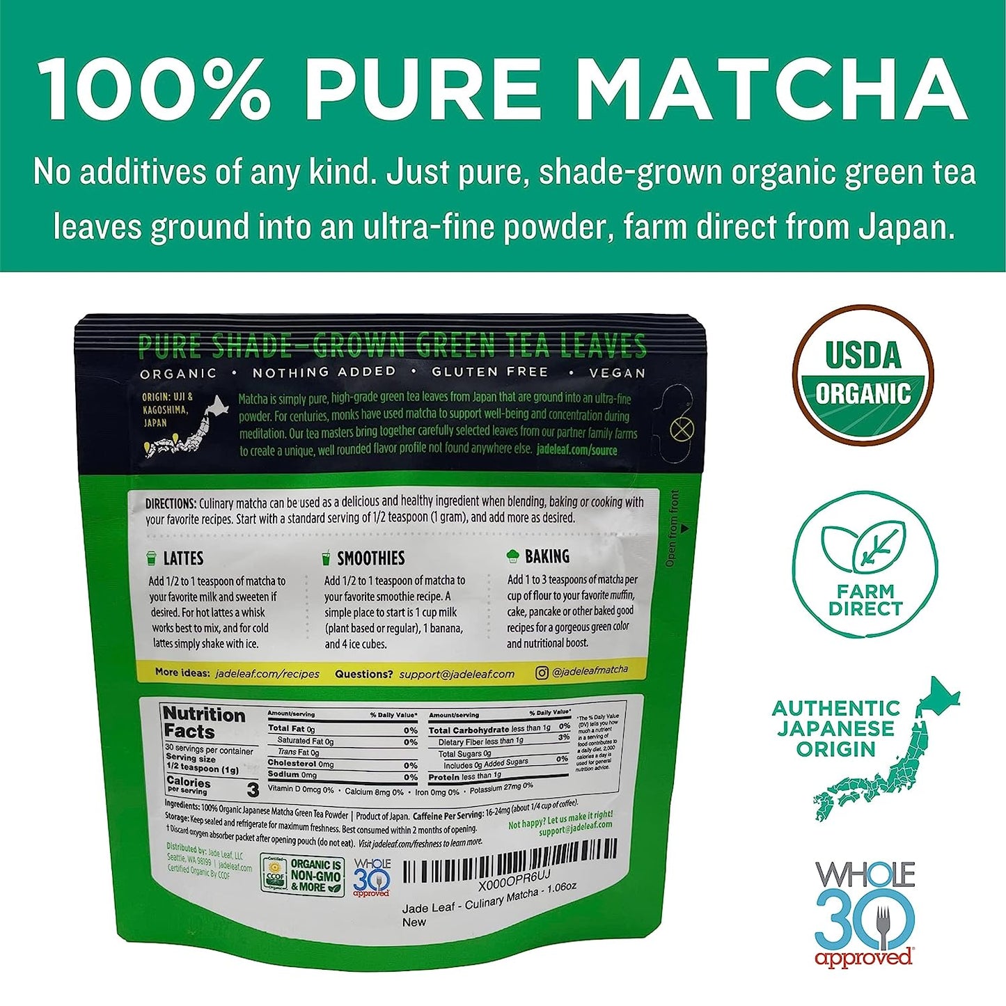 Jade Leaf Matcha Organic Green Tea Powder - Culinary Grade Premium Second Harvest - Authentic Japanese Origin (1.06 Ounce Pouch) - Premium  from Concordia Style Boutique - Just $13.65! Shop now at Concordia Style Boutique