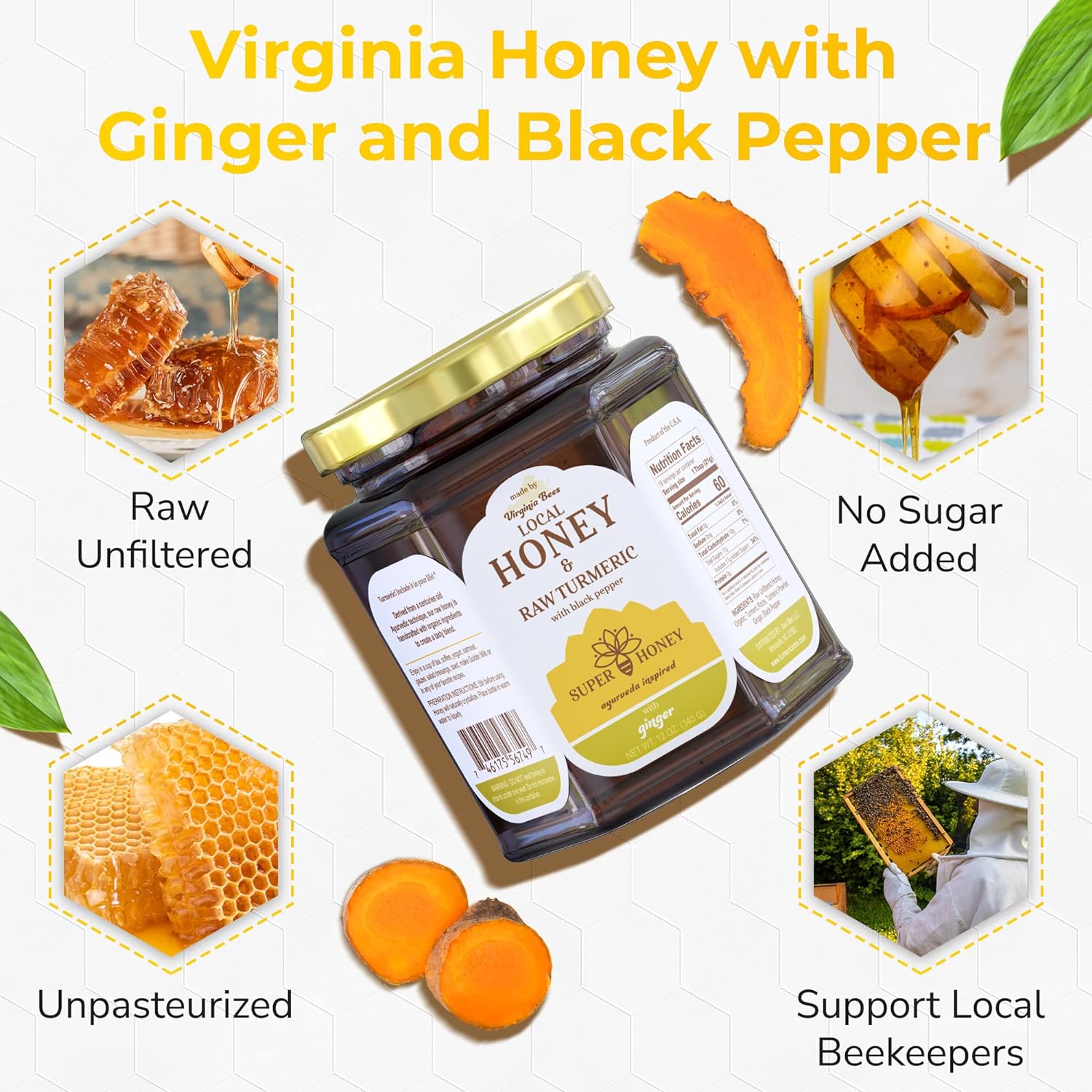 Super Honey - Virginia Honey - Turmeric Honey with Ginger and Black Pepper - Honey for Tea - Ayurveda Inspired Pure Raw Honey - 12oz. Jar - Premium Honey from Concordia Style Boutique - Just $43.67! Shop now at Concordia Style Boutique