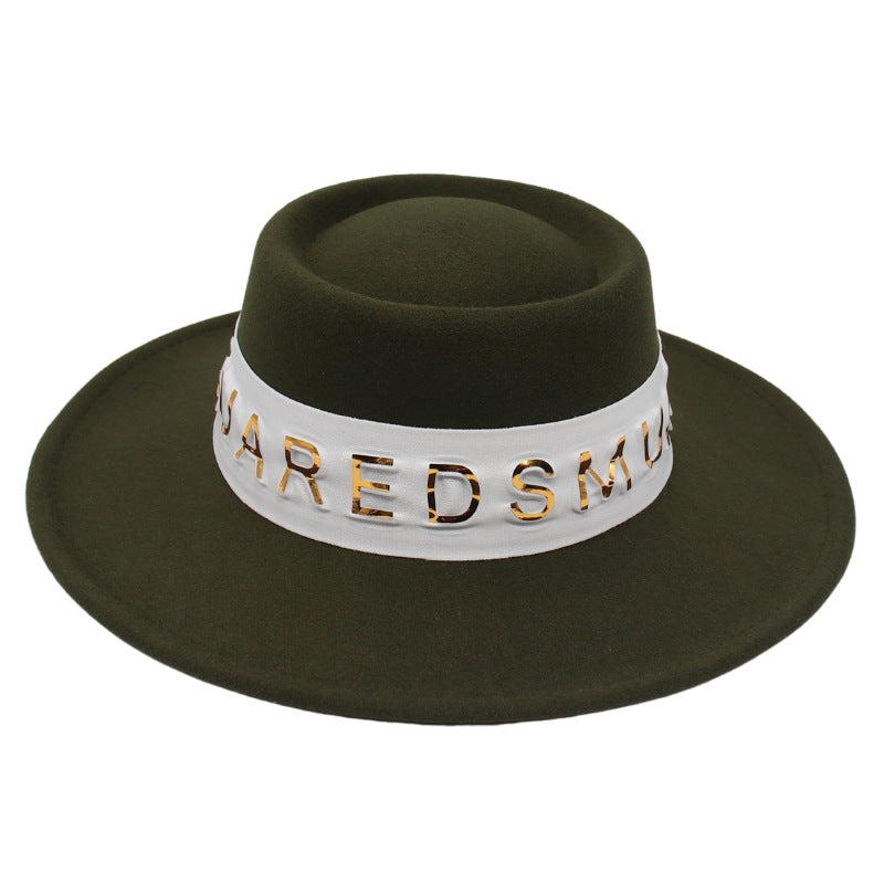 French Hepburn Style Top Hat Big Brim Golden Letter White Ribbon Concave Shape Model Photography Elegant Hat