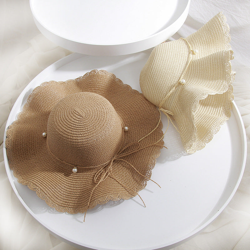 Straw Hat Women's Summer Wave along Pearl Bow Wide Brim Hat Korean Style Travel Beach Sun Protection Sun Hat