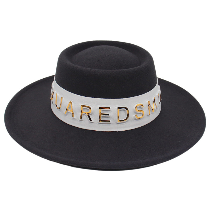 French Hepburn Style Top Hat Big Brim Golden Letter White Ribbon Concave Shape Model Photography Elegant Hat