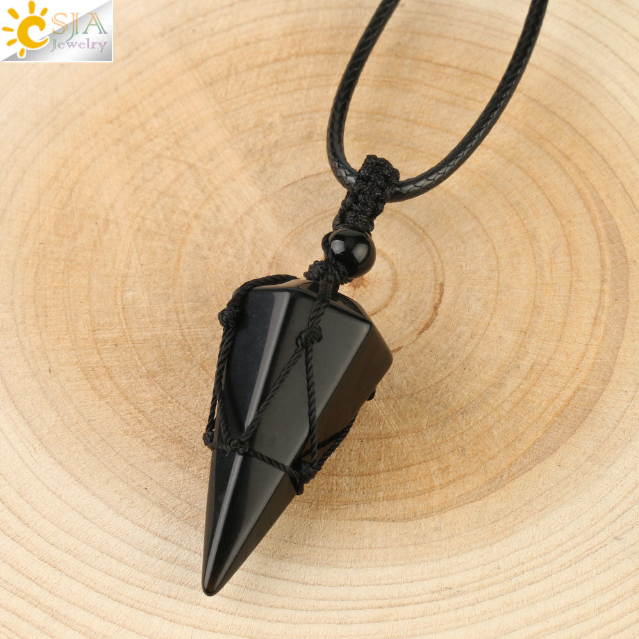 CSJA Natural Stone Cone Pendants Crystal Quartz Black Rope Wrapped Treatment Stones Necklace for Men Female Fashion Jewelry G173