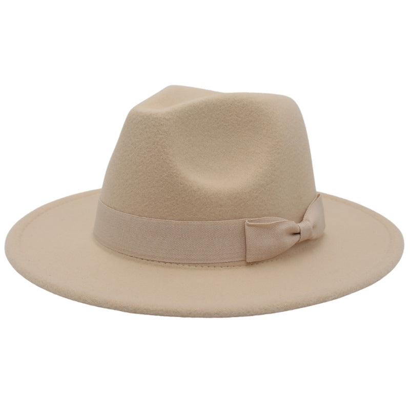 Cross-Border European and American Style Fedora Hat Autumn and Winter Broad-Brimmed Hat Fashion Bowknot Flat Brim Top Hat Men and Women Woolen Felt Hat