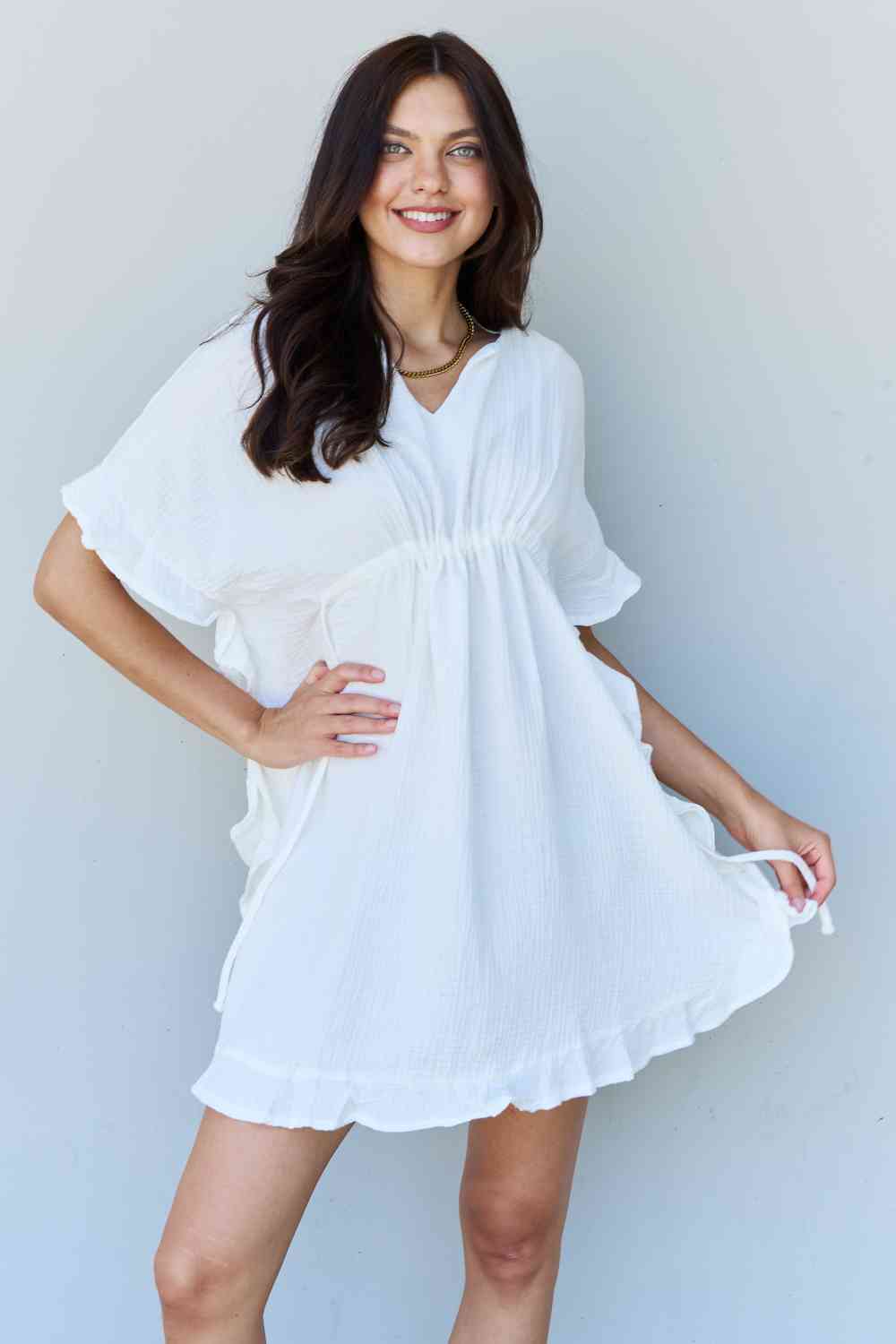 Ninexis Out Of Time Full Size Ruffle Hem Dress with Drawstring Waistband in White - Premium Ruffle Hem Dress from Concordia Style Boutique - Just $21.12! Shop now at Concordia Style Boutique