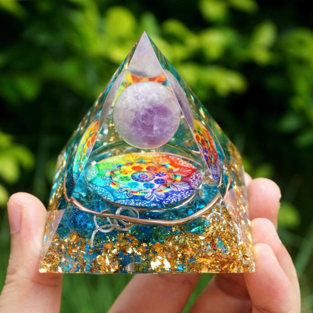 Energy Generator Orgone Pyramid Amethyst Peridot Healing Natural Crystal