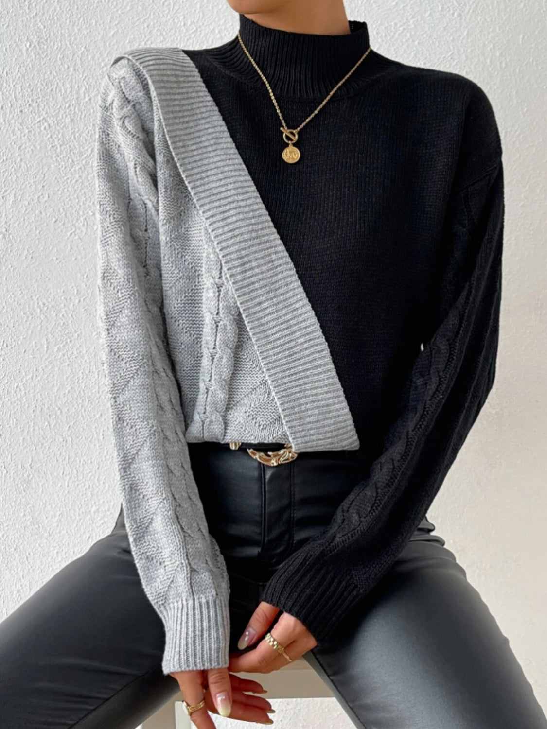 Contrast Mock Neck Cable-Knit Sweater - Premium shirt from Trendsi - Just $37.20! Shop now at Concordia Style Boutique