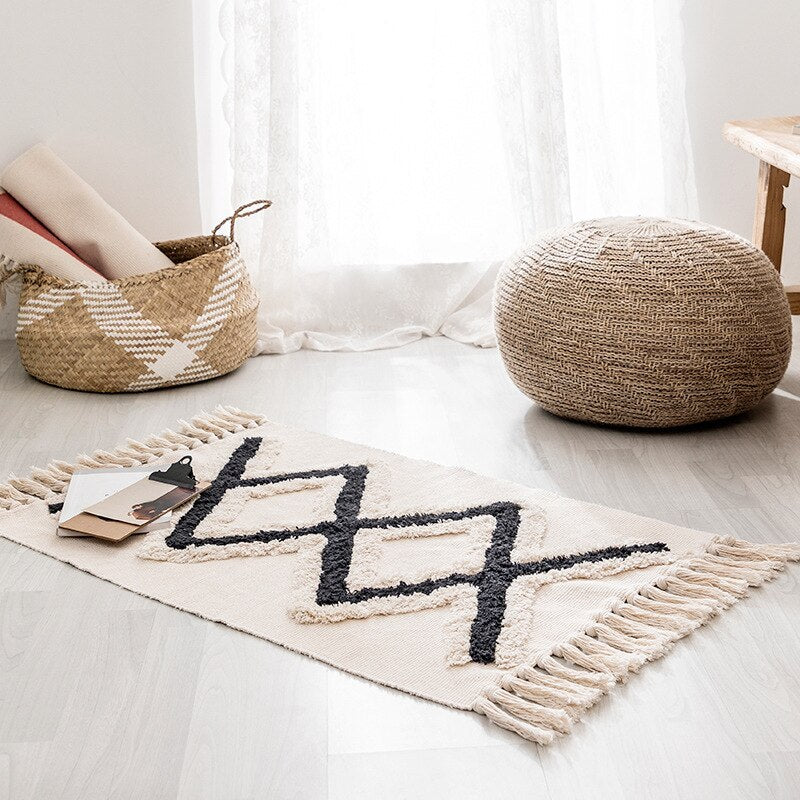 Retro Bohemian Hand Woven Cotton Linen  Tassel Carpet Rug Bedside Rug Geometric Floor Mat Living Room Bedroom Carpet Home Decor - Premium  from Concordia Style Boutique - Just $37.93! Shop now at Concordia Style Boutique