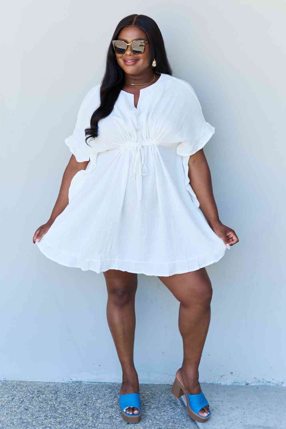 Ninexis Out Of Time Full Size Ruffle Hem Dress with Drawstring Waistband in White - Premium Ruffle Hem Dress from Concordia Style Boutique - Just $21.12! Shop now at Concordia Style Boutique