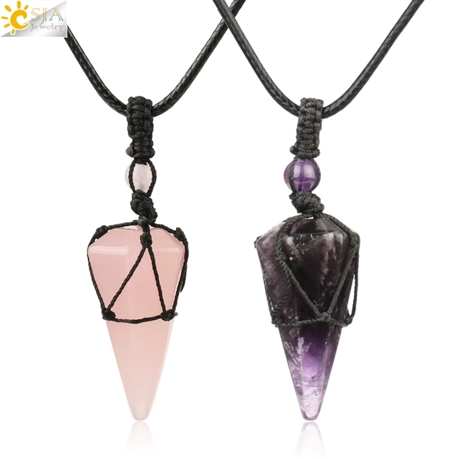 CSJA Natural Stone Cone Pendants Crystal Quartz Black Rope Wrapped Treatment Stones Necklace for Men Female Fashion Jewelry G173