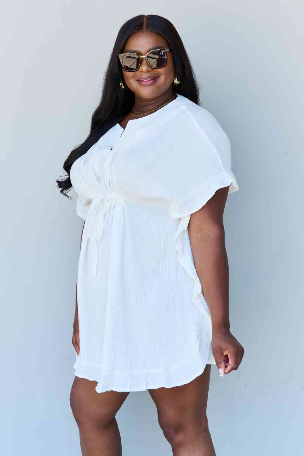 Ninexis Out Of Time Full Size Ruffle Hem Dress with Drawstring Waistband in White - Premium Ruffle Hem Dress from Concordia Style Boutique - Just $21.12! Shop now at Concordia Style Boutique