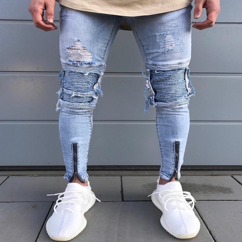 New jeans men's Europe and America motorcycle pants knee pleats broken pants zipper stretch feet pants - Premium  from Concordia Style Boutique - Just $34.67! Shop now at Concordia Style Boutique