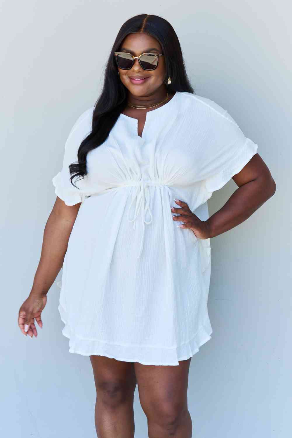 Ninexis Out Of Time Full Size Ruffle Hem Dress with Drawstring Waistband in White - Premium Ruffle Hem Dress from Concordia Style Boutique - Just $21.12! Shop now at Concordia Style Boutique