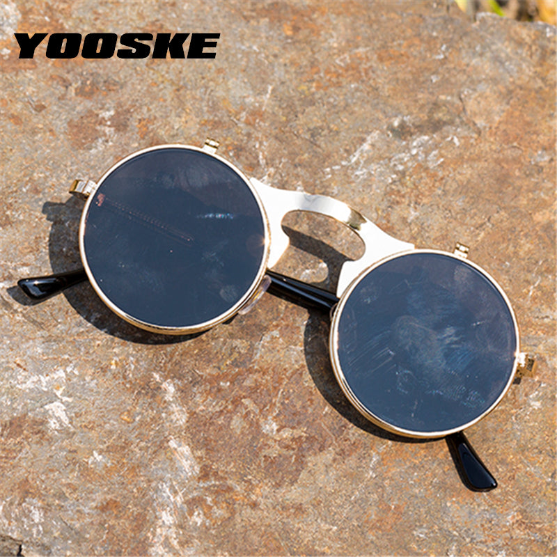 YOOSKE Steampunk Sunglasses Women Men Vintage Round Flip Sun Glasses Female Male Metal Hip Hop Eyeglasses UV400