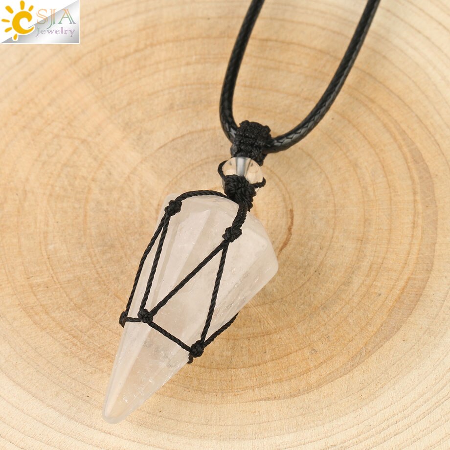 CSJA Natural Stone Cone Pendants Crystal Quartz Black Rope Wrapped Treatment Stones Necklace for Men Female Fashion Jewelry G173