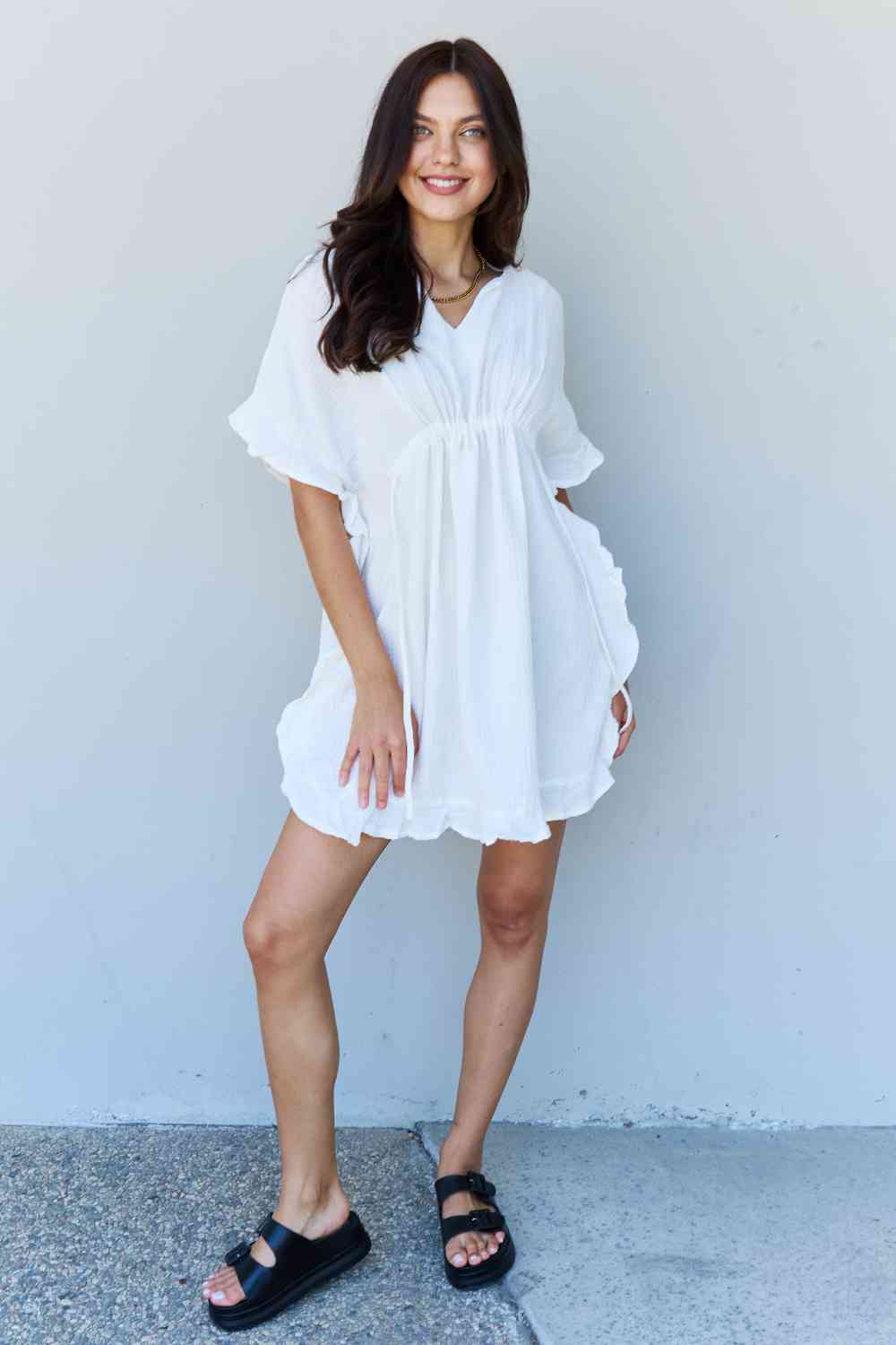 Ninexis Out Of Time Full Size Ruffle Hem Dress with Drawstring Waistband in White - Premium Ruffle Hem Dress from Concordia Style Boutique - Just $21.12! Shop now at Concordia Style Boutique